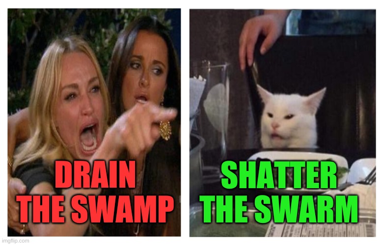Dr.Shiva4President.com | SHATTER THE SWARM; DRAIN THE SWAMP | image tagged in smudge revise,smudge the cat,drain the swamp,shatter the swarm,2024,shiva4president | made w/ Imgflip meme maker