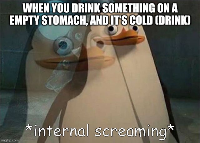 The feeling is so weird. The cold water sloshing in your empty stomach.... | WHEN YOU DRINK SOMETHING ON A EMPTY STOMACH, AND IT'S COLD (DRINK) | image tagged in private internal screaming | made w/ Imgflip meme maker