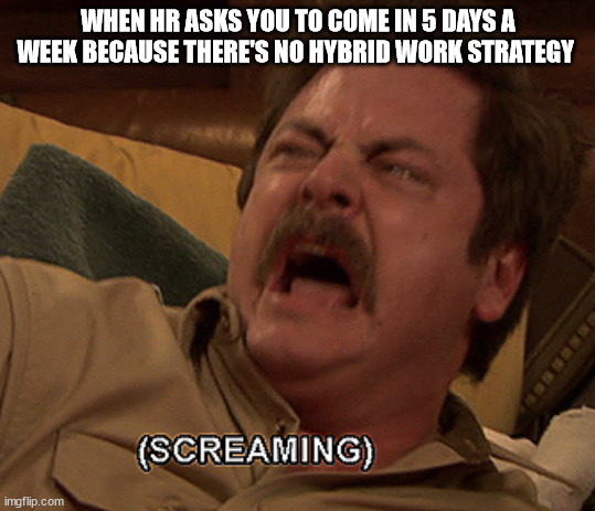 Ron Swanson screaming | WHEN HR ASKS YOU TO COME IN 5 DAYS A WEEK BECAUSE THERE'S NO HYBRID WORK STRATEGY | image tagged in ron swanson screaming | made w/ Imgflip meme maker