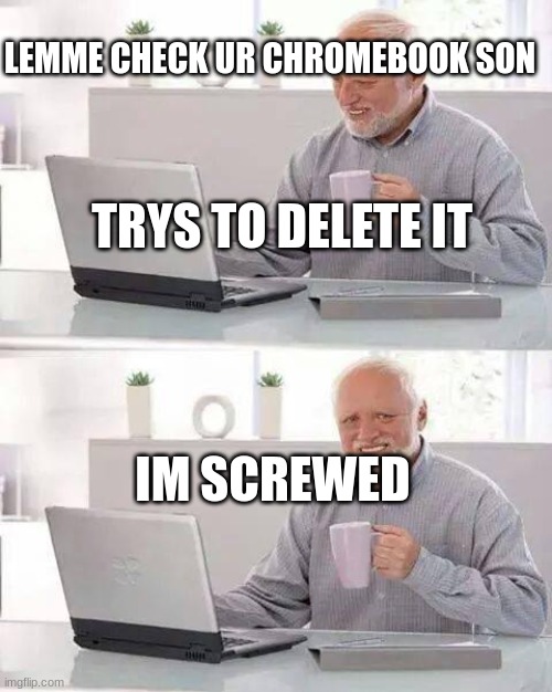 yes | LEMME CHECK UR CHROMEBOOK SON; TRYS TO DELETE IT; IM SCREWED | image tagged in memes,hide the pain harold | made w/ Imgflip meme maker