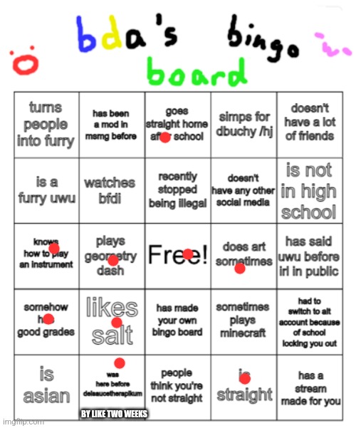 bda bingo board | BY LIKE TWO WEEKS | image tagged in bda bingo board | made w/ Imgflip meme maker