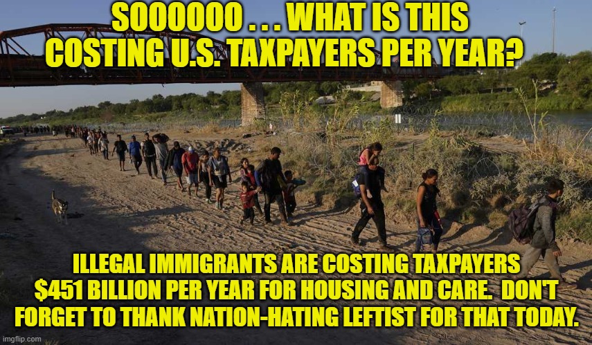 It's JUST taxpayers' money, eh? | SOOOOOO . . . WHAT IS THIS COSTING U.S. TAXPAYERS PER YEAR? ILLEGAL IMMIGRANTS ARE COSTING TAXPAYERS $451 BILLION PER YEAR FOR HOUSING AND CARE.  DON'T FORGET TO THANK NATION-HATING LEFTIST FOR THAT TODAY. | image tagged in yep | made w/ Imgflip meme maker