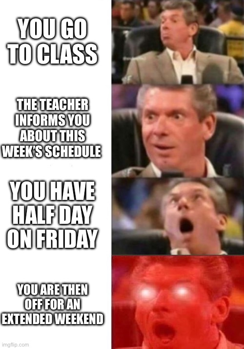 Mr. McMahon reaction | YOU GO TO CLASS; THE TEACHER INFORMS YOU ABOUT THIS WEEK’S SCHEDULE; YOU HAVE HALF DAY ON FRIDAY; YOU ARE THEN OFF FOR AN EXTENDED WEEKEND | image tagged in mr mcmahon reaction | made w/ Imgflip meme maker