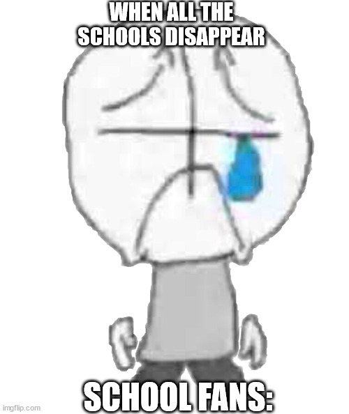 i just did this for fun,nothing more | WHEN ALL THE SCHOOLS DISAPPEAR; SCHOOL FANS: | image tagged in sadness combat grunt | made w/ Imgflip meme maker