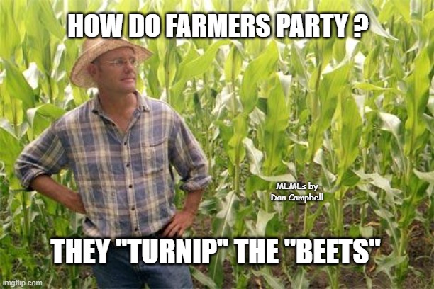 Farmer John | HOW DO FARMERS PARTY ? MEMEs by Dan Campbell; THEY "TURNIP" THE "BEETS" | image tagged in farmer john | made w/ Imgflip meme maker