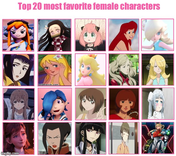 top 20 most favorite female characters | image tagged in top 20 most favorite female characters,female logic,2020 sucks,women,ladies,smg4 | made w/ Imgflip meme maker