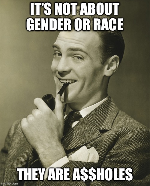 IT’S NOT ABOUT GENDER OR RACE THEY ARE A$$HOLES | image tagged in smug | made w/ Imgflip meme maker
