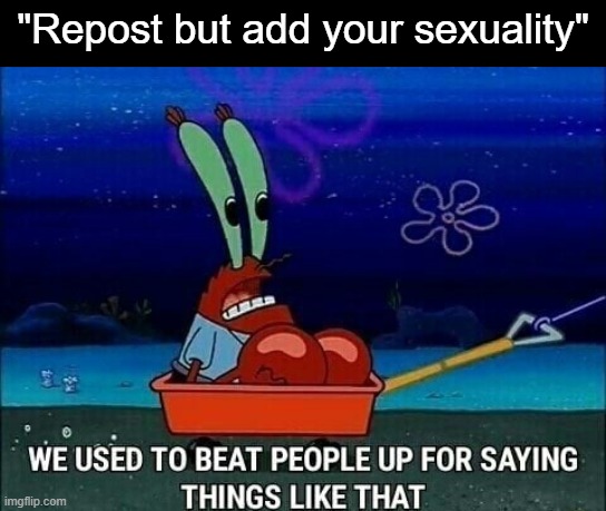 . | "Repost but add your sexuality" | image tagged in mr krabs we used to beat people up for saying things like that | made w/ Imgflip meme maker