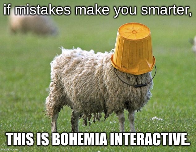 stupid sheep | if mistakes make you smarter, THIS IS BOHEMIA INTERACTIVE. | image tagged in stupid sheep | made w/ Imgflip meme maker