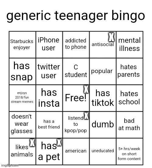 why not ? | X; X; X; X; X | image tagged in generic teenager bingo | made w/ Imgflip meme maker