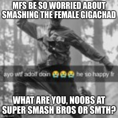 ayo wtf adolf doin | MFS BE SO WORRIED ABOUT SMASHING THE FEMALE GIGACHAD; WHAT ARE YOU, NOOBS AT SUPER SMASH BROS OR SMTH? | image tagged in ayo wtf adolf doin | made w/ Imgflip meme maker