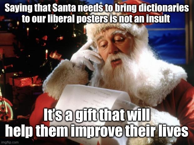 dear santa | Saying that Santa needs to bring dictionaries to our liberal posters is not an insult; It’s a gift that will help them improve their lives | image tagged in dear santa | made w/ Imgflip meme maker