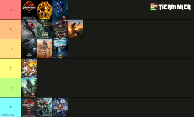 Jurassic Park movies, shows and specials ranked with Tiermaker | image tagged in tier list,jurassic park,jurassic world,camp cretaceous | made w/ Imgflip meme maker