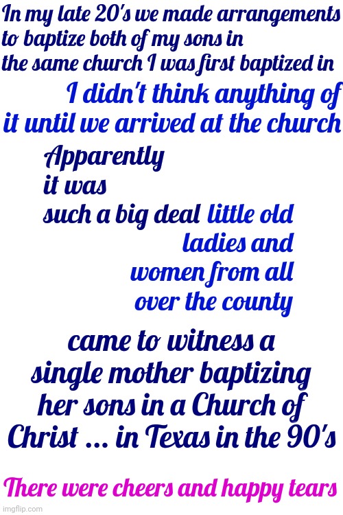 True Story.  Their Father Was A Deadbeat.  Somebody Had To Be There For The Boys So I Stepped Up | In my late 20's we made arrangements to baptize both of my sons in the same church I was first baptized in; I didn't think anything of it until we arrived at the church; Apparently it was such a big deal; little old ladies and women from all over the county; came to witness a single mother baptizing her sons in a Church of Christ ... in Texas in the 90's; There were cheers and happy tears | image tagged in i stepped up,deadbeat dad,a moms gotta do what a moms gotta do,bruh moment,moms,memes | made w/ Imgflip meme maker