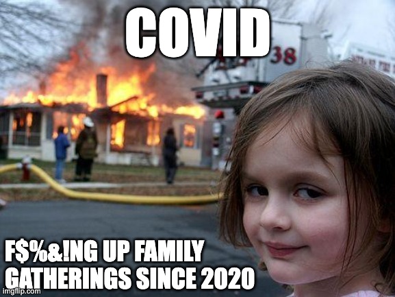 Thank you, COVID | COVID; F$%&!NG UP FAMILY GATHERINGS SINCE 2020 | image tagged in memes,disaster girl,happy holidays | made w/ Imgflip meme maker