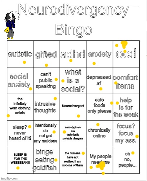 and here's mine | image tagged in neurodivergency bingo | made w/ Imgflip meme maker