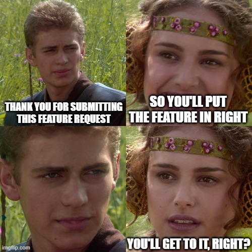 Feature request | THANK YOU FOR SUBMITTING THIS FEATURE REQUEST; SO YOU'LL PUT THE FEATURE IN RIGHT; YOU'LL GET TO IT, RIGHT? | image tagged in anakin padme 4 panel | made w/ Imgflip meme maker