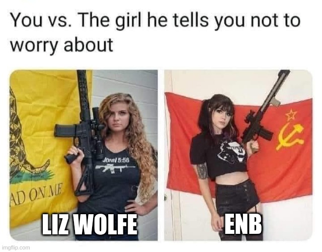 You vs. the girl he tells you not to worry about | ENB; LIZ WOLFE | image tagged in you vs the girl he tells you not to worry about | made w/ Imgflip meme maker