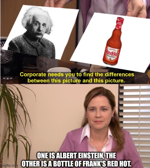 Franky Franklin Einstein My MindStine | ONE IS ALBERT EINSTEIN, THE OTHER IS A BOTTLE OF FRANK'S RED HOT. | image tagged in memes,they're the same picture | made w/ Imgflip meme maker