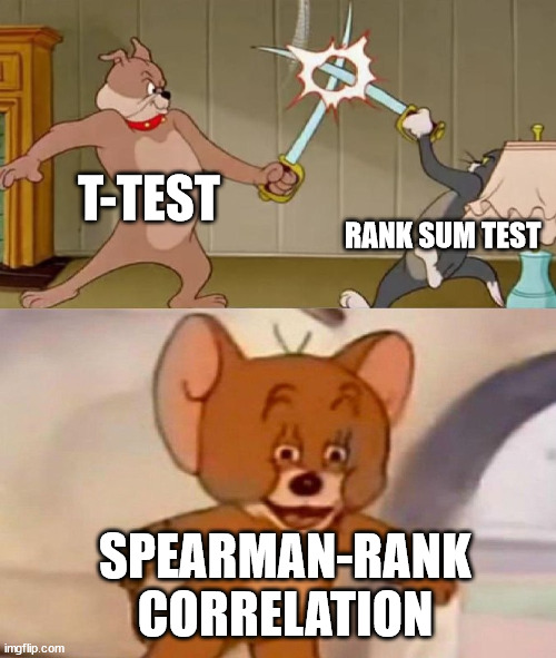 Tom and Jerry swordfight | T-TEST; RANK SUM TEST; SPEARMAN-RANK CORRELATION | image tagged in tom and jerry swordfight | made w/ Imgflip meme maker