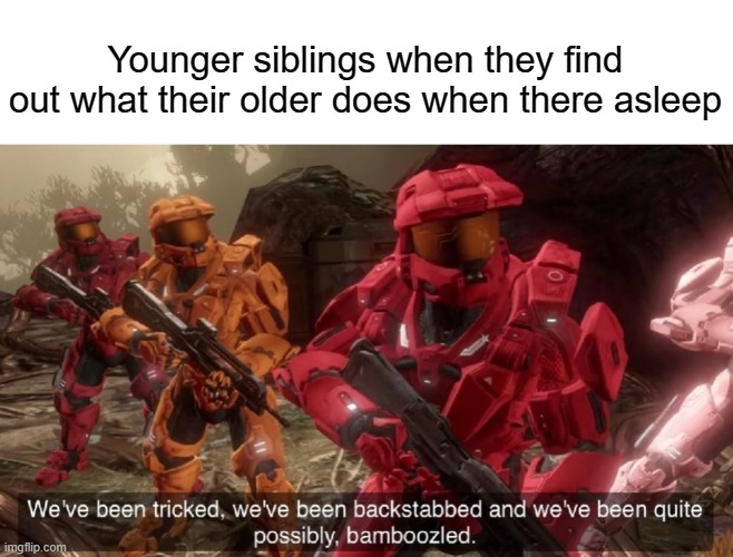 HEY! | Younger siblings when they find out what their older does when there asleep | image tagged in we've been tricked,siblings,relatable,powder that makes you say real | made w/ Imgflip meme maker