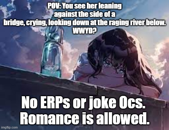 No joke Oc's please! No you can't kill her or cause her death. | POV: You see her leaning against the side of a bridge, crying, looking down at the raging river below.
WWYD? No ERPs or joke Ocs. 
Romance is allowed. | made w/ Imgflip meme maker