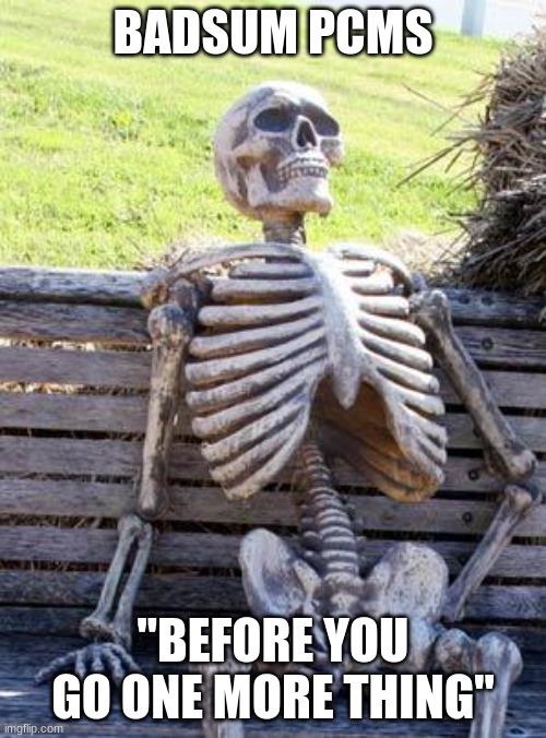Badsum pcms | BADSUM PCMS; "BEFORE YOU GO ONE MORE THING" | image tagged in memes,waiting skeleton | made w/ Imgflip meme maker