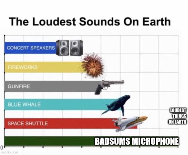 badsum and his microphone!!!!!!!!!!!! | LOUDEST THINGS ON EARTH; BADSUMS MICROPHONE | image tagged in the loudest sounds on earth | made w/ Imgflip meme maker
