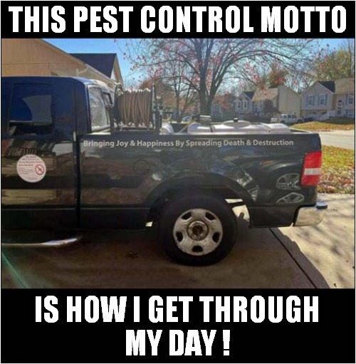 Bringing Joy & Happiness By Spreading Death & Destruction ! | THIS PEST CONTROL MOTTO; IS HOW I GET THROUGH
MY DAY ! | image tagged in pest control,motto,death,destruction,dark humour | made w/ Imgflip meme maker
