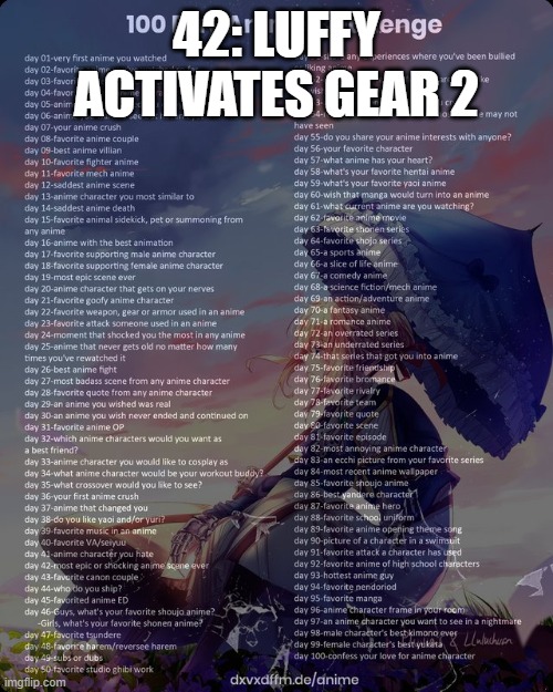 100 day anime challenge | 42: LUFFY ACTIVATES GEAR 2 | image tagged in 100 day anime challenge | made w/ Imgflip meme maker