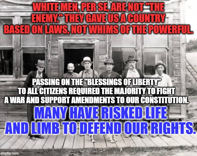 We all have rights to vigorously debate, without being labeled Vermin that should be eliminated. | WHITE MEN, PER SE, ARE NOT "THE ENEMY." THEY GAVE US A COUNTRY BASED ON LAWS, NOT WHIMS OF THE POWERFUL. PASSING ON THE "BLESSINGS OF LIBERTY" TO ALL CITIZENS REQUIRED THE MAJORITY TO FIGHT A WAR AND SUPPORT AMENDMENTS TO OUR CONSTITUTION. MANY HAVE RISKED LIFE AND LIMB TO DEFEND OUR RIGHTS. | image tagged in politics | made w/ Imgflip meme maker