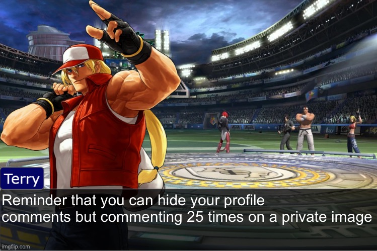 Terry Bogard objection temp | Reminder that you can hide your profile comments but commenting 25 times on a private image | image tagged in terry bogard objection temp | made w/ Imgflip meme maker