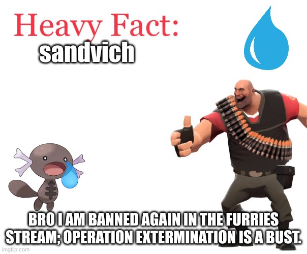 Heavy Fact | sandvich; BRO I AM BANNED AGAIN IN THE FURRIES STREAM; OPERATION EXTERMINATION IS A BUST. | image tagged in heavy fact | made w/ Imgflip meme maker