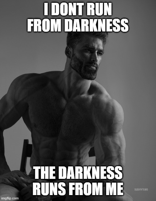 Giga Chad | I DONT RUN FROM DARKNESS THE DARKNESS RUNS FROM ME | image tagged in giga chad | made w/ Imgflip meme maker