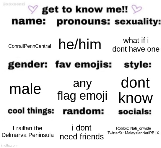 i wanted to | ConrailPennCentral; he/him; what if i dont have one; any flag emoji; dont know; male; Roblox: Nati_onwide
Twitter/X: MalaysianNatiRBLX; i dont need friends; I railfan the Delmarva Peninsula | image tagged in get to know me but better | made w/ Imgflip meme maker
