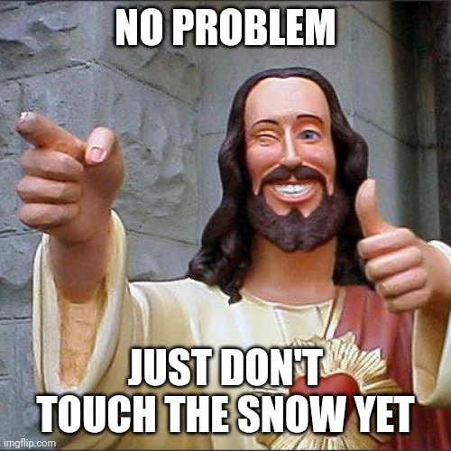 Buddy Christ Meme | NO PROBLEM JUST DON'T TOUCH THE SNOW YET | image tagged in memes,buddy christ | made w/ Imgflip meme maker