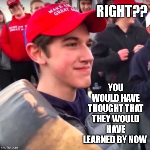 Nicholas Sandmann | RIGHT?? YOU WOULD HAVE THOUGHT THAT THEY WOULD HAVE LEARNED BY NOW | image tagged in nicholas sandmann | made w/ Imgflip meme maker