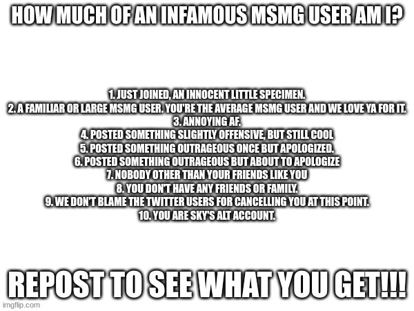 Its a temp now so use it lmao | image tagged in how much of an infamous msmg user am i | made w/ Imgflip meme maker