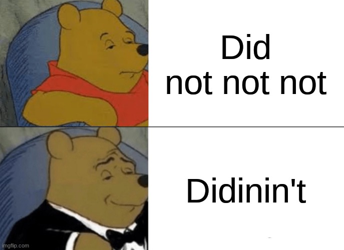 Diddidididididididididididididididididididiidididididididididin't | Did not not not; Didinin't | image tagged in memes,tuxedo winnie the pooh,did not not notlol,trending,hehe boi | made w/ Imgflip meme maker