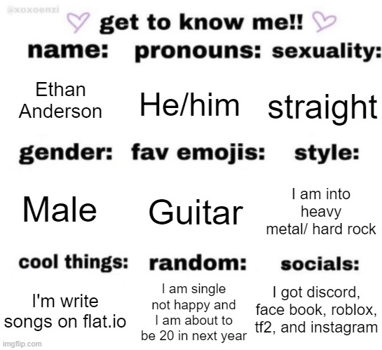 I am new and I've been a furry and no knew until 2 days ago I don't own a fur suit and I don't do any furry art | Ethan Anderson; He/him; straight; Guitar; I am into heavy metal/ hard rock; Male; I got discord, face book, roblox, tf2, and instagram; I am single not happy and I am about to be 20 in next year; I'm write songs on flat.io | image tagged in get to know me but better | made w/ Imgflip meme maker