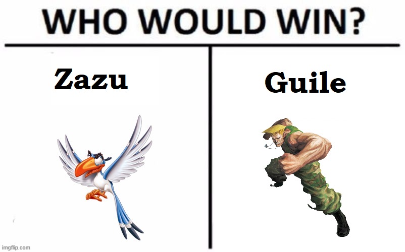 Zazu Vs Guile | image tagged in who would win,memes,street fighter,lion king | made w/ Imgflip meme maker