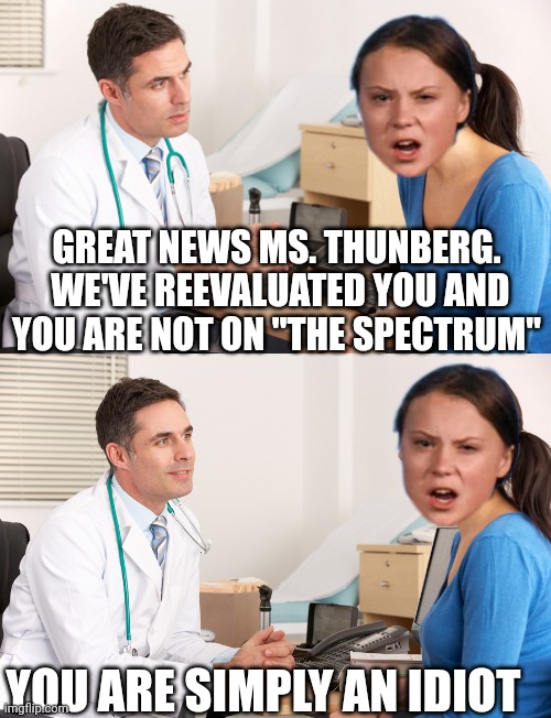 doctor talking to patient | GREAT NEWS MS. THUNBERG.  WE'VE REEVALUATED YOU AND YOU ARE NOT ON "THE SPECTRUM" YOU ARE SIMPLY AN IDIOT | image tagged in doctor talking to patient | made w/ Imgflip meme maker