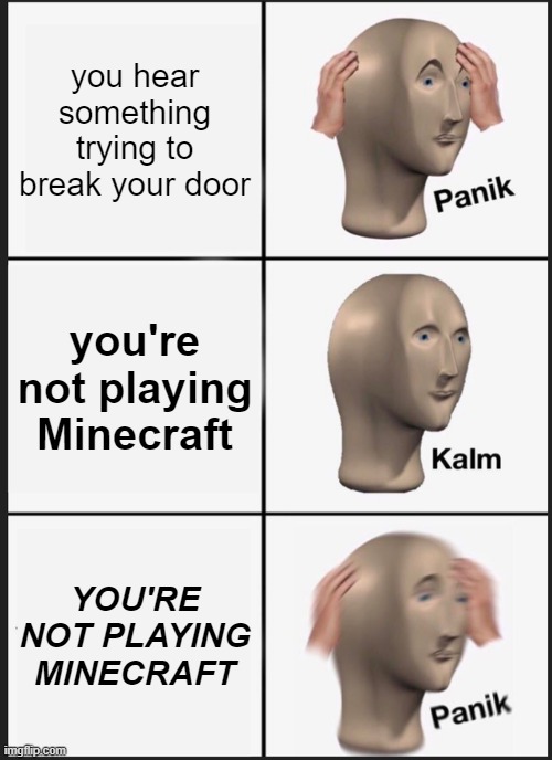 I don't know if this is already a meme, sorry if it is :( | you hear something trying to break your door; you're not playing Minecraft; YOU'RE NOT PLAYING MINECRAFT | image tagged in memes,panik kalm panik,minecraft memes,door,hehe,oh wow are you actually reading these tags | made w/ Imgflip meme maker