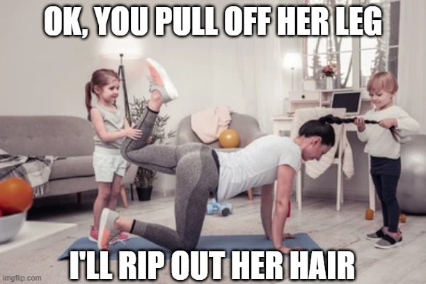 Mom Torture | OK, YOU PULL OFF HER LEG; I'LL RIP OUT HER HAIR | image tagged in moms | made w/ Imgflip meme maker
