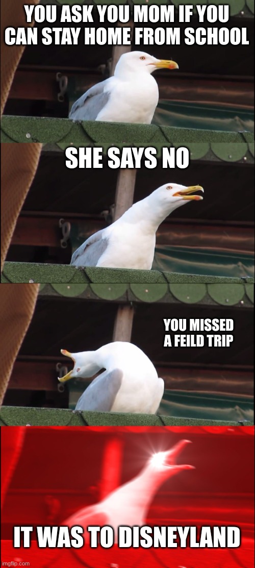 Inhaling Seagull | YOU ASK YOU MOM IF YOU CAN STAY HOME FROM SCHOOL; SHE SAYS NO; YOU MISSED A FEILD TRIP; IT WAS TO DISNEYLAND | image tagged in memes,inhaling seagull | made w/ Imgflip meme maker