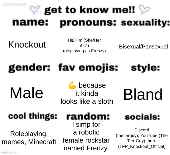 *complete lack of title ideas* | Knockout; He/Him (She/Her if I'm roleplaying as Frenzy); Bisexual/Pansexual; 💪 because it kinda looks like a sloth; Bland; Male; I simp for a robotic female rockstar named Frenzy. Discord (thetierguy), YouTube (The Tier Guy), here (TFP_Knockout_Official); Roleplaying, memes, Minecraft | image tagged in get to know me but better | made w/ Imgflip meme maker