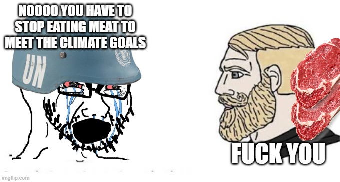 fuck you UN | NOOOO YOU HAVE TO STOP EATING MEAT TO MEET THE CLIMATE GOALS; FUCK YOU | image tagged in soyjak vs chad | made w/ Imgflip meme maker