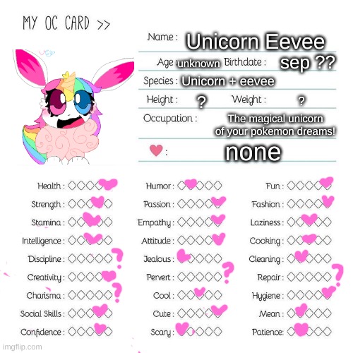 yippeee | Unicorn Eevee; unknown; sep ?? Unicorn + eevee; ? ? The magical unicorn of your pokemon dreams! none | image tagged in oc card template | made w/ Imgflip meme maker