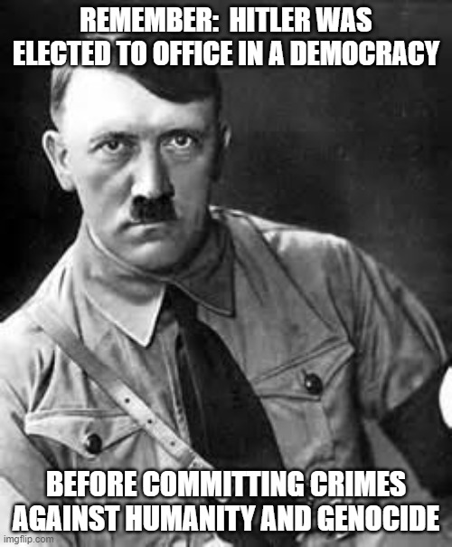 Hitler Democracy | REMEMBER:  HITLER WAS ELECTED TO OFFICE IN A DEMOCRACY; BEFORE COMMITTING CRIMES AGAINST HUMANITY AND GENOCIDE | image tagged in adolf hitler | made w/ Imgflip meme maker