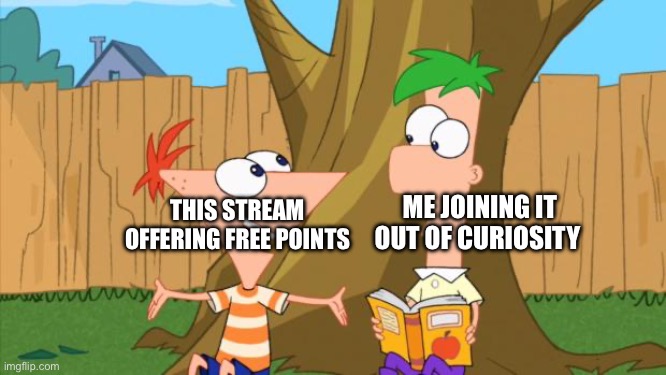 Phineas & Ferb | ME JOINING IT OUT OF CURIOSITY; THIS STREAM OFFERING FREE POINTS | image tagged in phineas ferb | made w/ Imgflip meme maker
